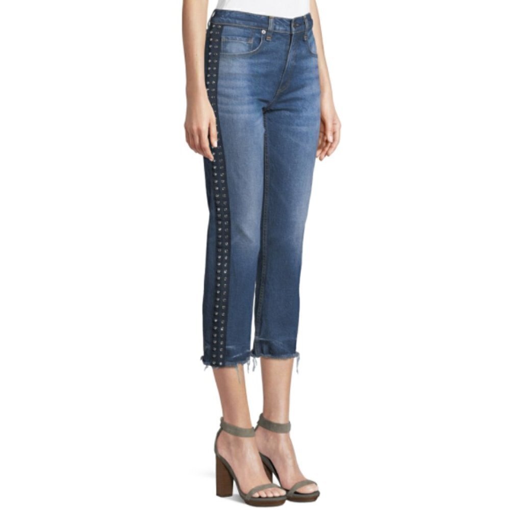 VERONICA BEARD 'Ines' Girlfriend Rhinestone-Side Crop Jeans, Faded Blue Wash